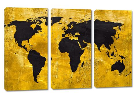 Black And Gold World Map Canvas Print Wall Art 3 Panel Split Triptych