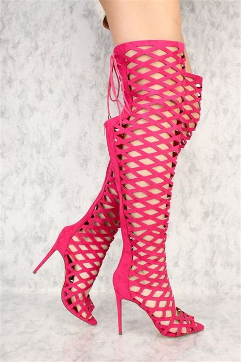 hot pink caged back lace up peep toe thigh high heels ami clubwear boots faux suede high heel