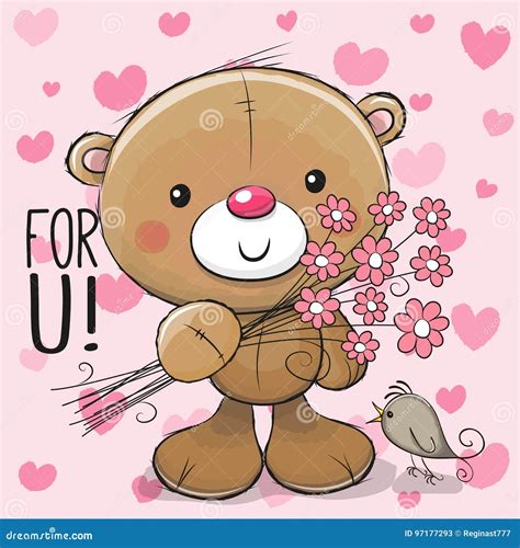 Cute Cartoon Teddy Bear With A Flower Stock Vector Illustration Of