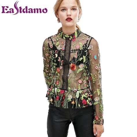 Eastdamo Women Embroidery Blouses Sexy Perspective Floral Lace Sheer