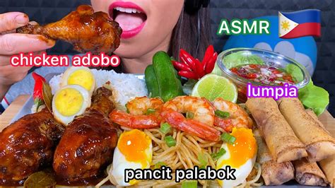 Asmr Chicken Adobo Pancit Palabok Lumpia Egg Rolls Rice Vegetables Eating Sounds Youtube