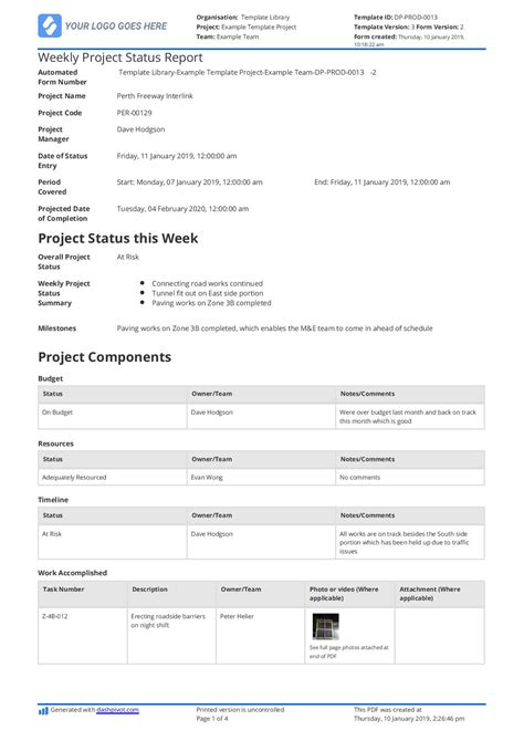 Example Of A Project Status Report To Copy Use Download Or Print