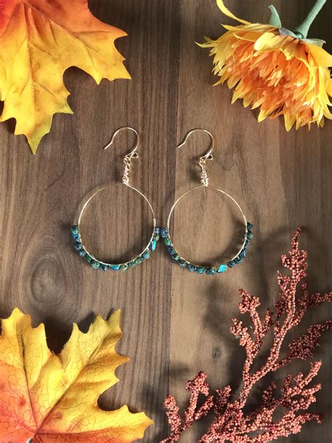 Turquoise Beaded Gold Hoop Earrings Unique Gemstone Etsy Turquoise
