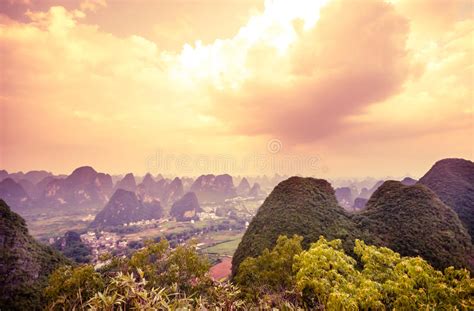Sunset View On Karst Landscape From Moon Hill In Yangshuo Stock Photo