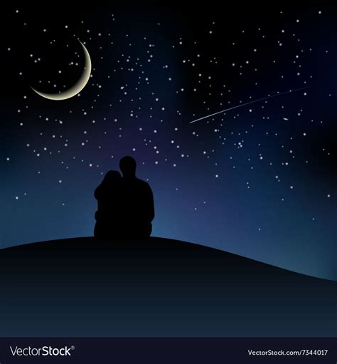 Black Couple Silhouettes Sitting On The Hill And Watching Starry Sky