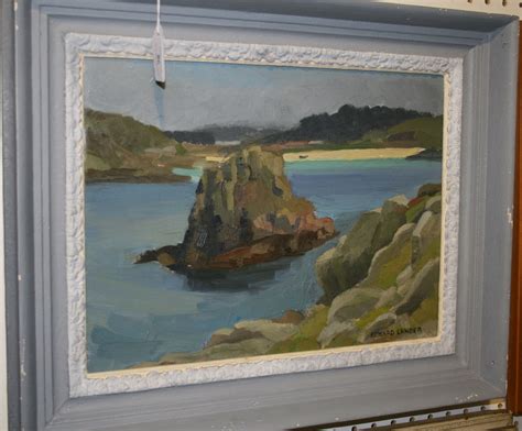 Edward Lander View Of A Cove And Rock Formation 20th Century Oil On