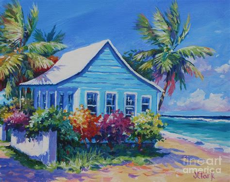 Blue Cottage On The Beach Painting By John Clark