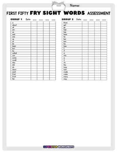 Fry Sight Word Assessment Superstar Worksheets