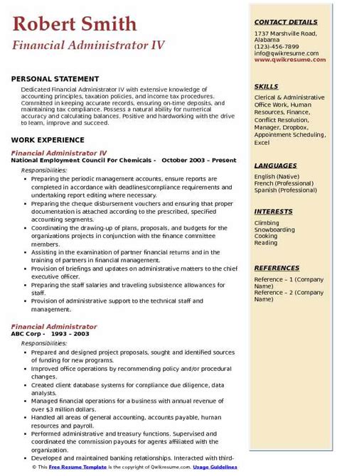 Include the skills section after experience. Financial Administrator Resume Samples | QwikResume