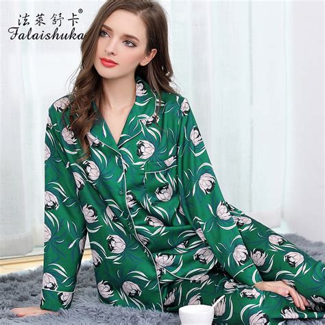 buy women silk pajama sets 2017 new brand fashion summer full length green