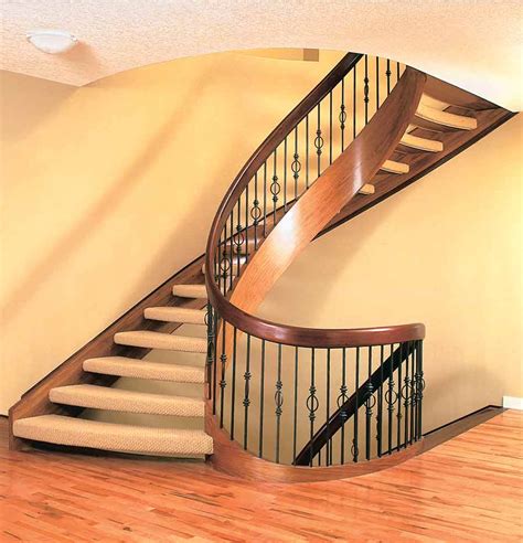 Walnut Curved Stair With Open Carpeted Treads Stairs Spindles And Railings