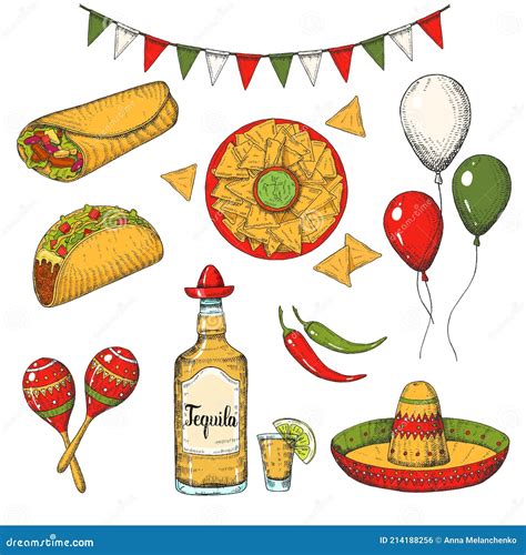 Cinco De Mayo Vector Colored Set Hand Drawn Symbols Chili Pepper Maracas Sombrero Nachos