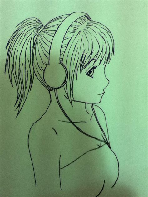 Anime Girl With Headphones Line Drawing By Jade13kiki On