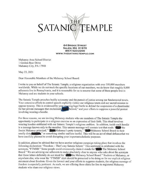 satanic temple letter