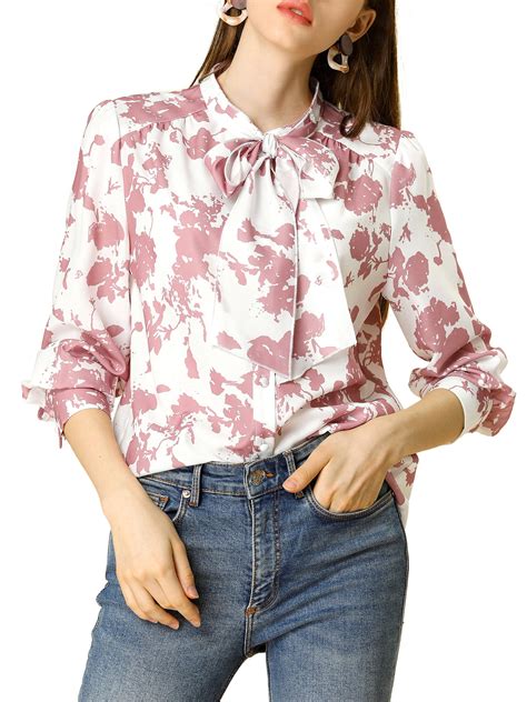 Unique Bargains Womens Boho Floral Printed Shirt V Neck Pussy Bow Blouse