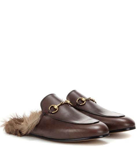 Gucci Princetown Fur Lined Leather Slippers In Brown Lyst