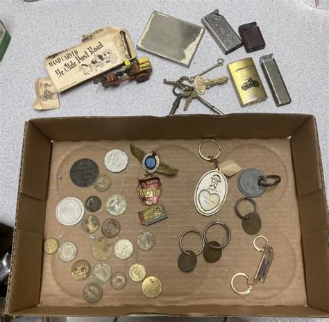 Vintage Junk Drawer Lot Lighters Coin Token Box Key Pins Military And More 5 50 Picclick
