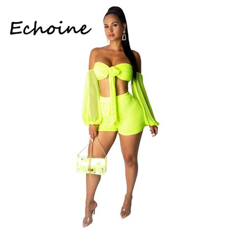 Echoine Sexy Sheer Mesh Women Two Piece Outfits Front Tie Solid Color Cut Out Crop Top Short