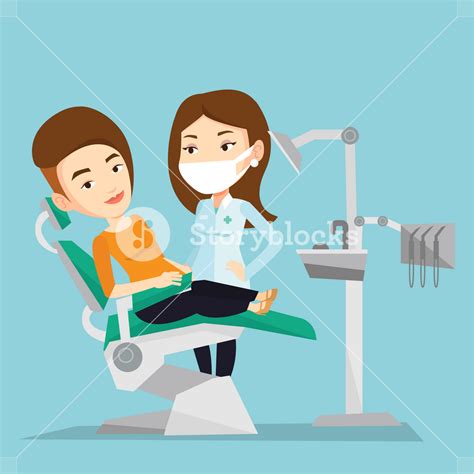 caucasian woman sitting in dental chair while dentist standing nearby doctor and patient in the