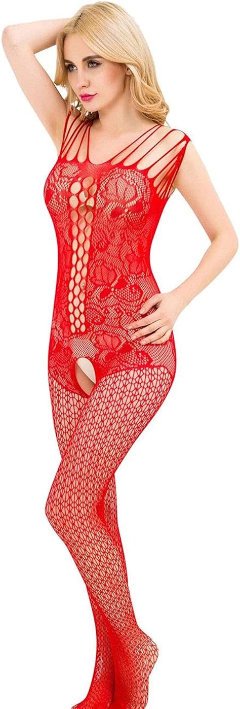 Red Fishnet Lace Multi Strap Crotchless Full Bodystocking Lingerie