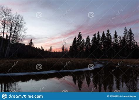 Winter Landscape With Ice Rimmed Water In Front Of Winter Trees At