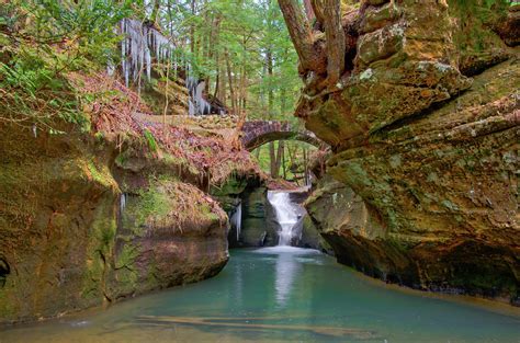 Ohio Waterfall Devils Bathtub And Bridge At Old Mans
