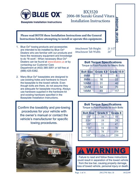 Blue ox base plate installation. Blue Ox Base Plate BX3520 Suzuki Grand Vitara '06 to '08 ...