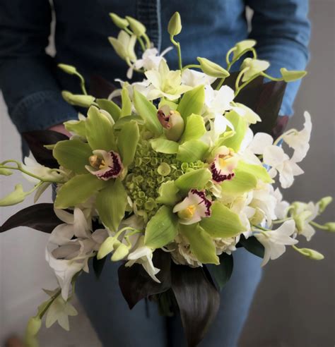 Green Cymbidium And White Dendrobium Orchid Hand Tied Bridal Bouquet Las