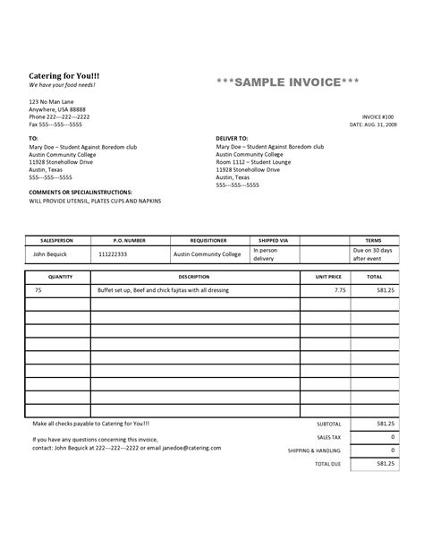Sample Catering Invoice Template Free Printable Templates