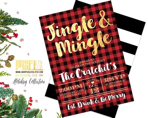 Jingle And Mingle Christmas Party Invitation Flannel Invite Gold