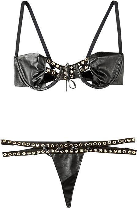 allure lingerie women s faux leather bra and g string set uk clothing