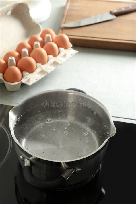 Pot With Boiling Water On Electric Stove In Kitchen Stock Photo Image