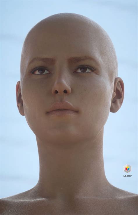 an image of a woman s head with no hair and brown eyes looking straight ahead