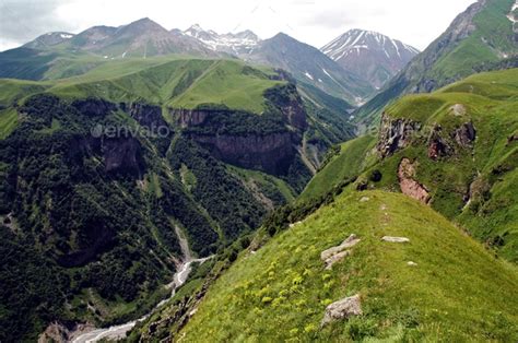 The Valley Of Georgian Military Highway Caucasus Mountains Border