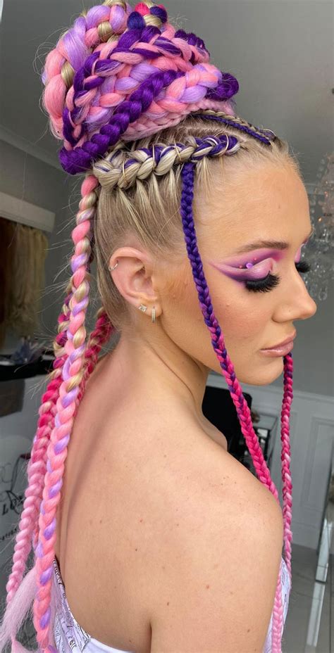 40 Cute Festival Hair Ideas To Rock Pink And Purple Braided Bun 1 Fab Mood Wedding Colours