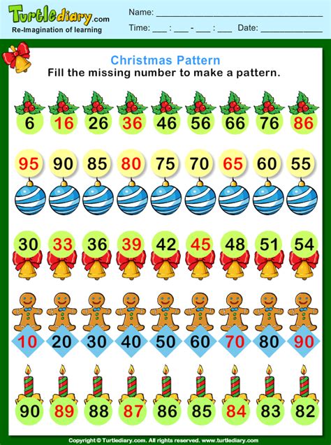 Christmas Find The Missing Number Pattern Worksheet