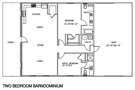 2 Bedroom 2 Bath Barndominium Plans
