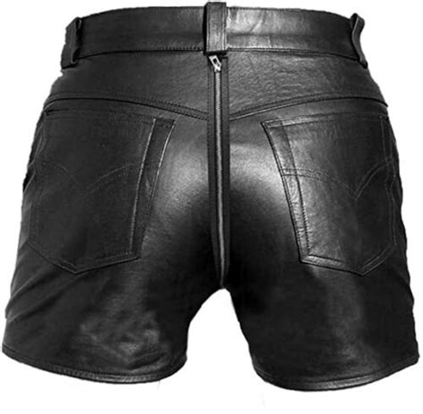 Mens Real Sexy Black Leather Chastity Gay Bondage Shorts With Rear Zip