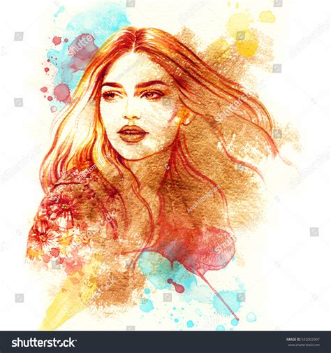 Abstract Woman Face Fashion Illustration Watercolor Stock