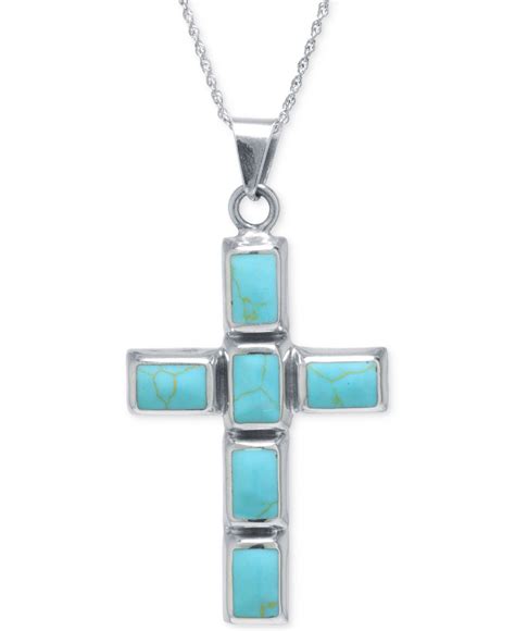 Macys Turquoise Cross Pendant Necklace In Sterling Silver In Metallic