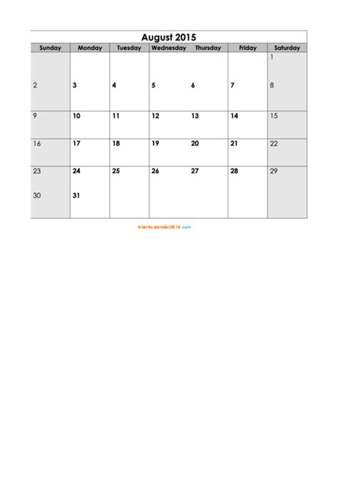 August 2015 Calendar Template Printable Pdf Download