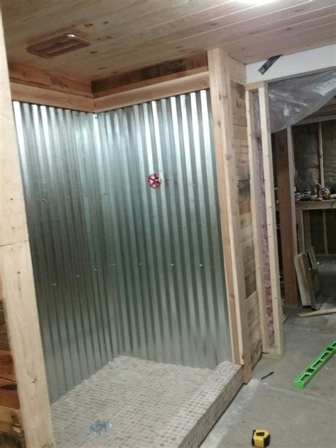 Galvanized Metal Shower Surrounded With Cedar Trim Rustic Bathroom