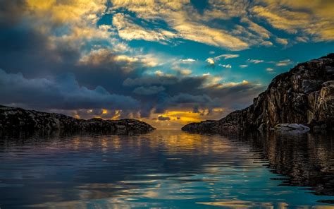 Nature Landscape Sunset Coast Sky Sea Reflection Clouds Sunlight Rock