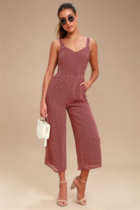 Cute Washed Burgundy Jumpsuit Polka Dot Culotte Jumpsuit Lulus