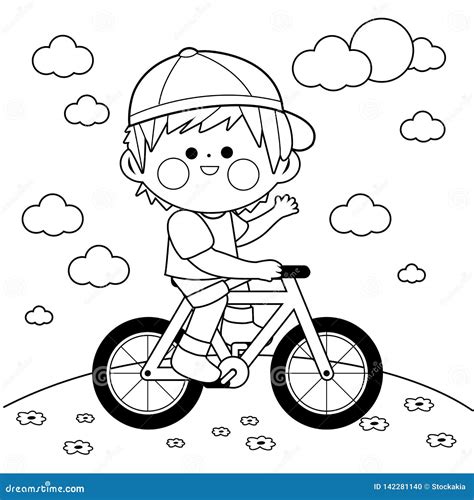 Child Riding a Bicycle at the Park. Vector Black and White Coloring
