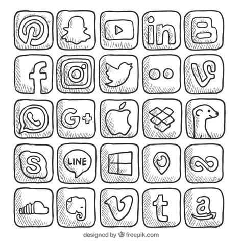 Además, el comportamiento de uso compartido. Colección de logos de redes sociales dibujadas a mano ...