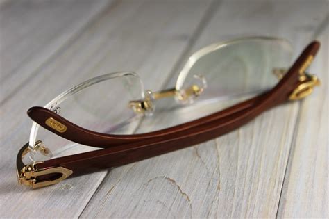 Cartier Prescription Eyeglasses Gold Frame Engraved Wood Frames Rimless