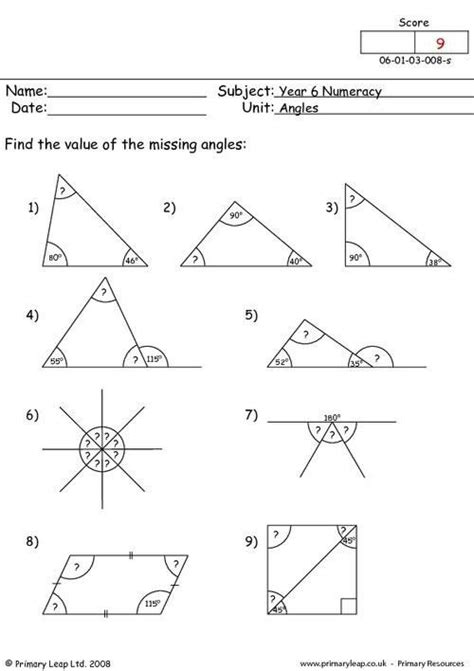 Free Printable Math Worksheet Find The Missing Angle Measures
