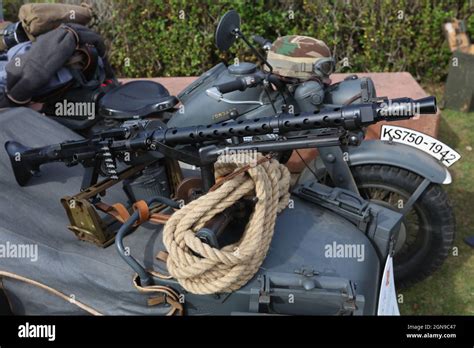 A Ww2 German Mg34 Machine Gun Mounted On A Bmw Motorcycle And Sidecar