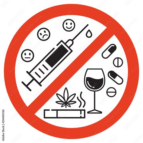 Vecteur Stock Sign Forbidden Drugs In Red Crossed Out Circle On White Background No Smoking No